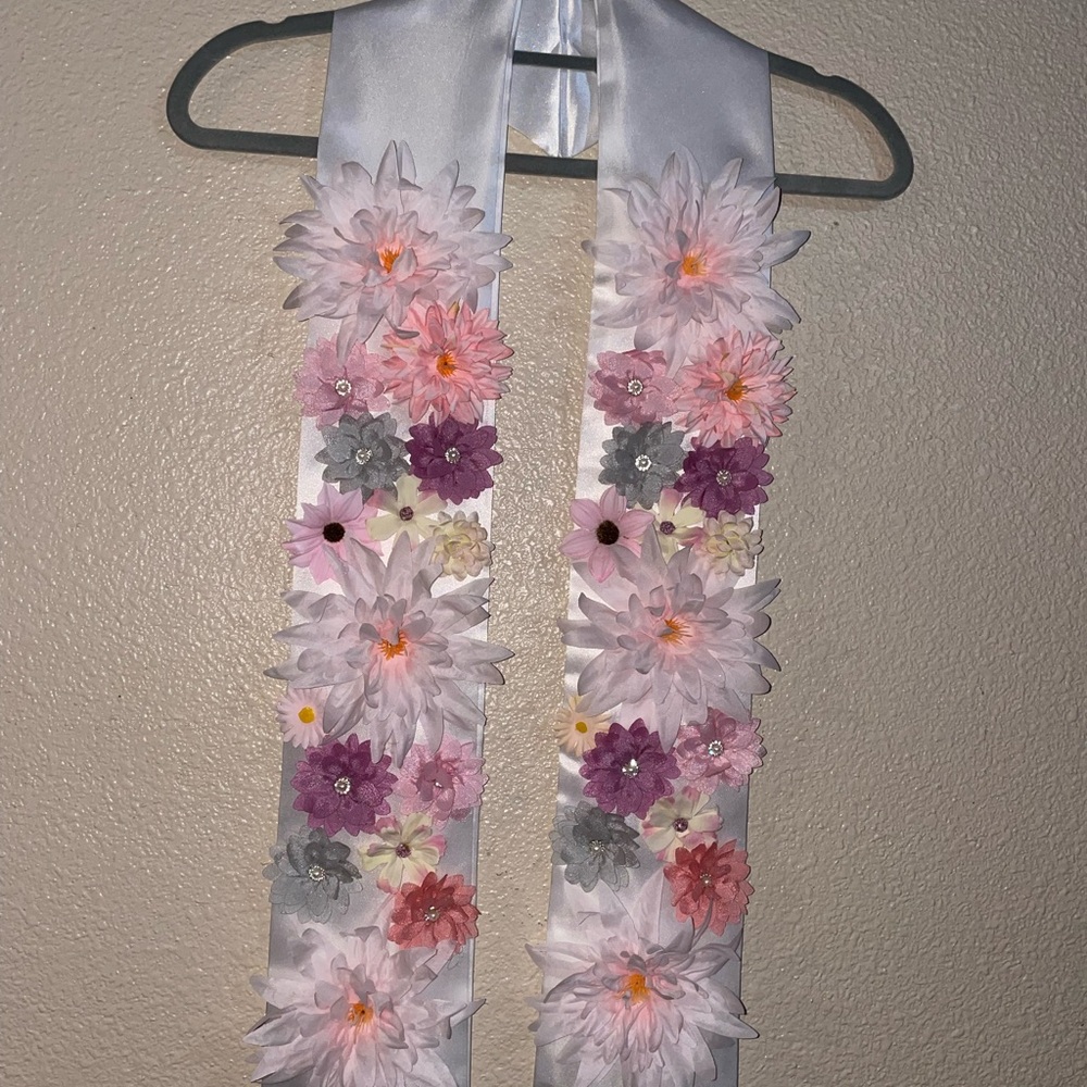 White Satin Floral Graduation Stole with Pink & Purple Flowers